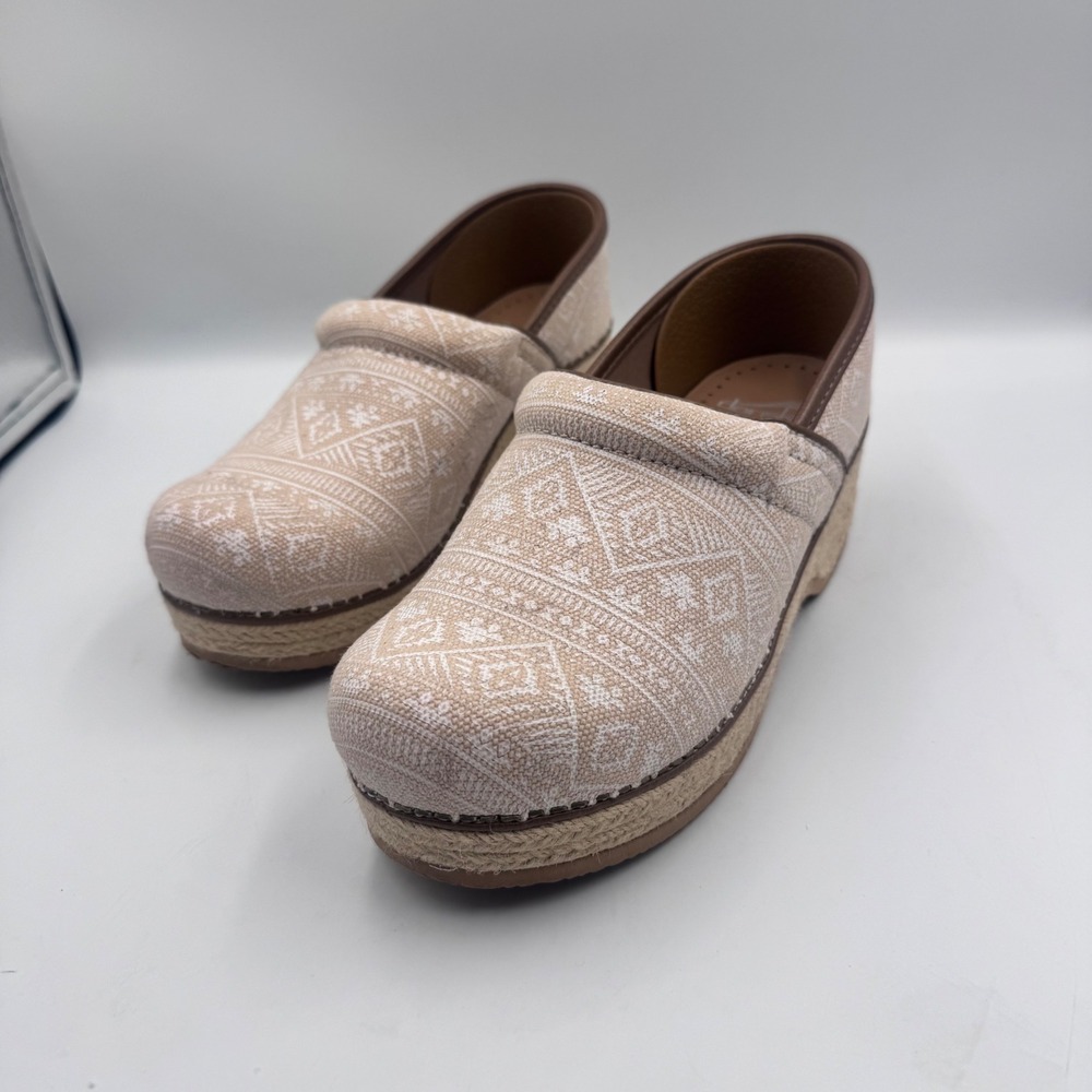 Dansko Jute Pro Clogs Tan White Tribal Geometric Espadrille Platform Shoes 38